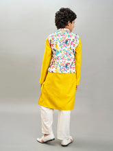 Boys yellow kurta & off white pajama with a multi print jacket